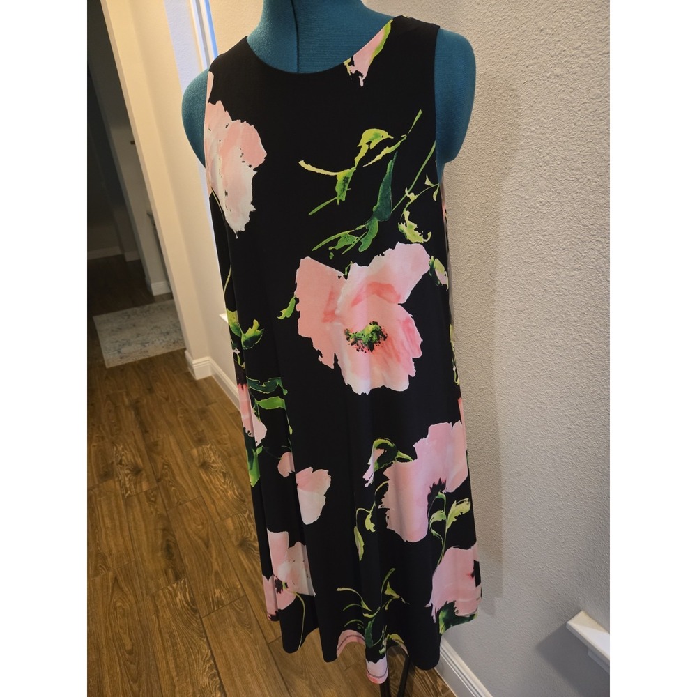 Anne Klein Sz XL Womens Shift Dress Floral On Black Sleeveless Lined Summer